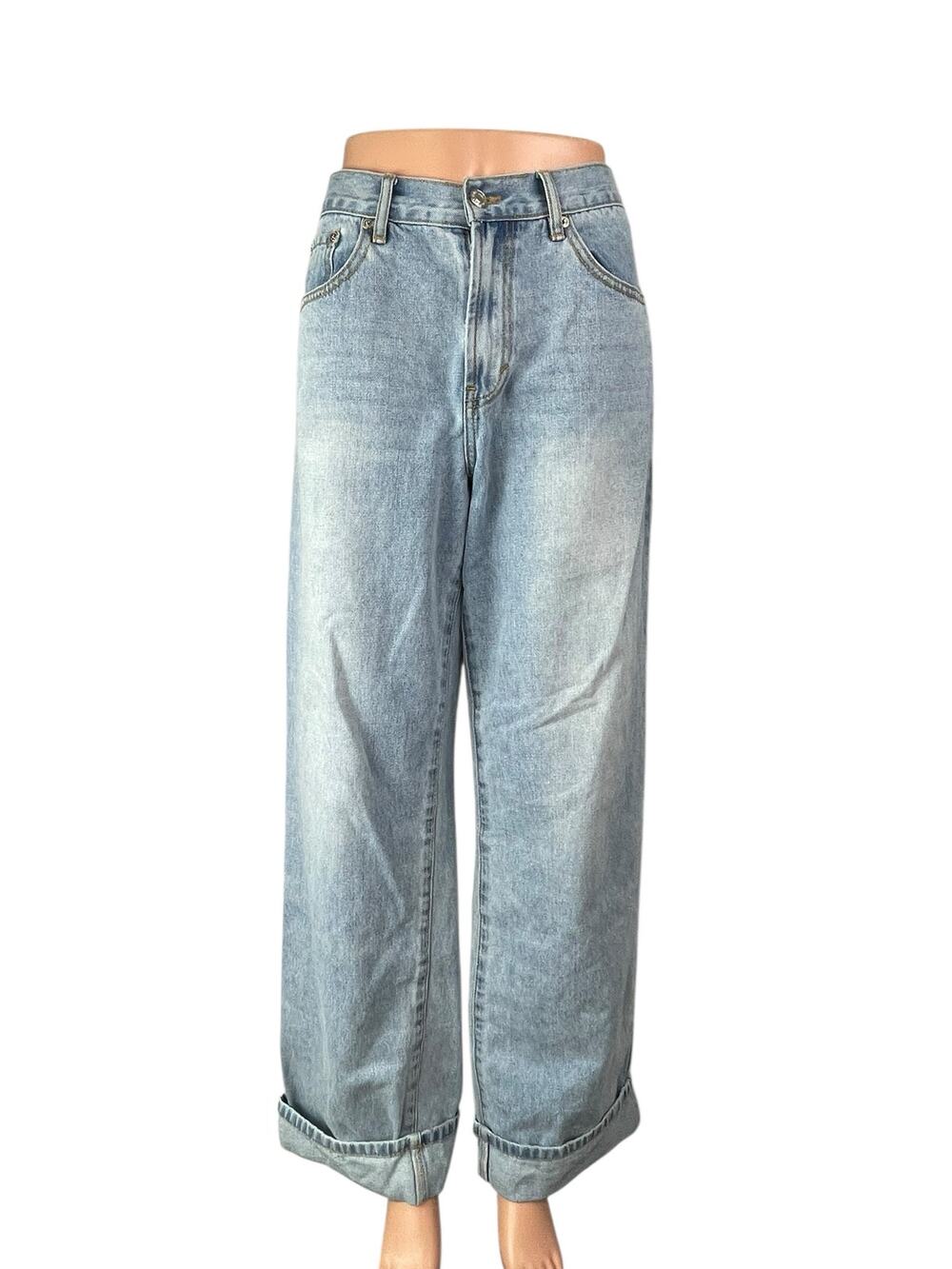 White Fox Women's Blue Light Wash Wide Leg Baggy Loose Fit Denim Jeans Size M